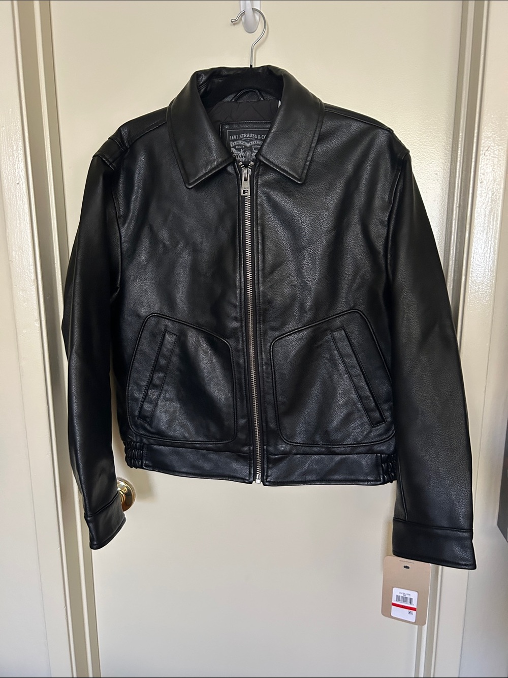 Levi's Black Leather Bomber Jacket with Zip Front